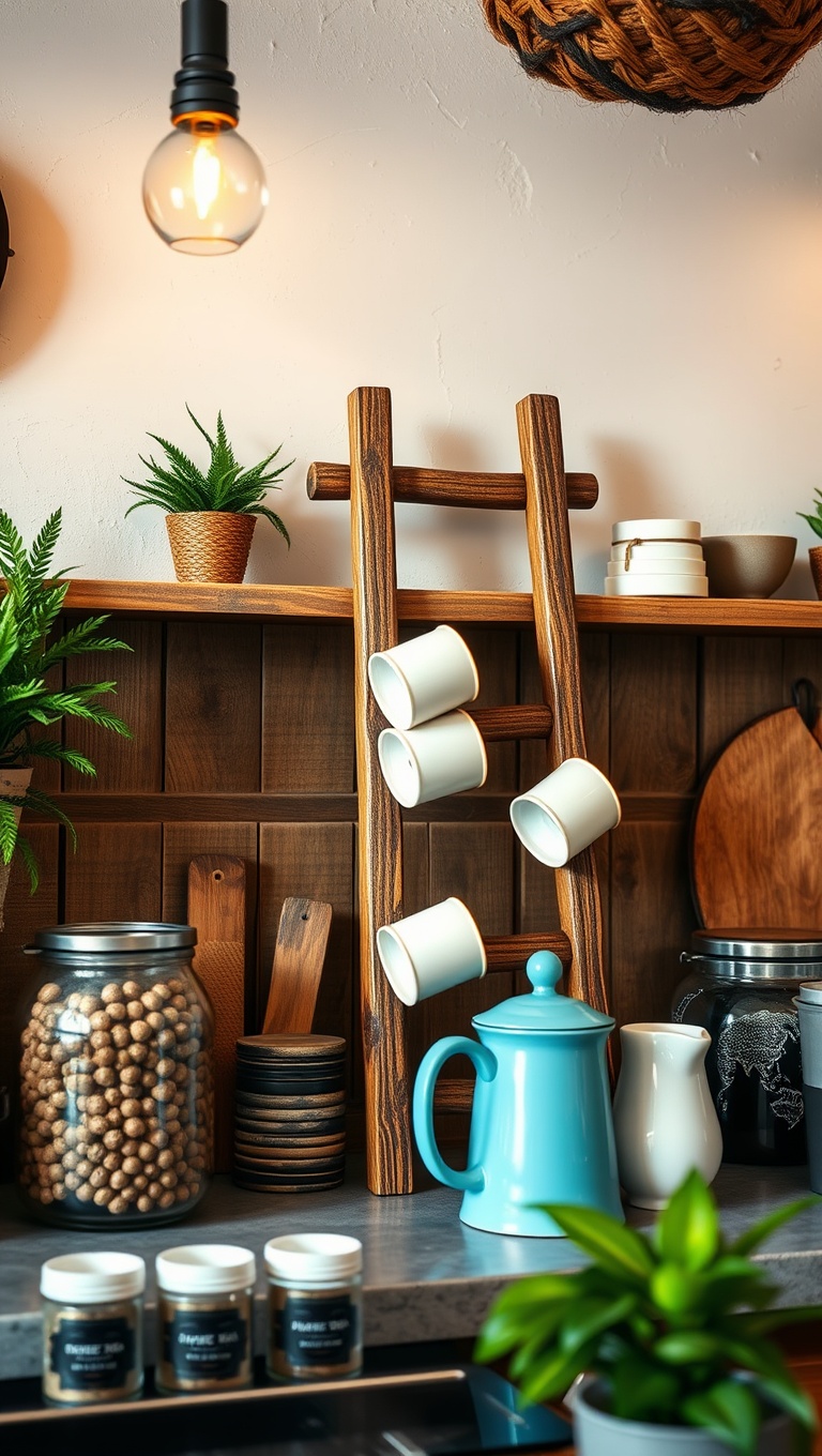 Brew-tifully Rustic: 25 Ideas and Inspirations for Your Dream Coffee Bar Setup - 7. Rustic Ladder for Hanging Cups