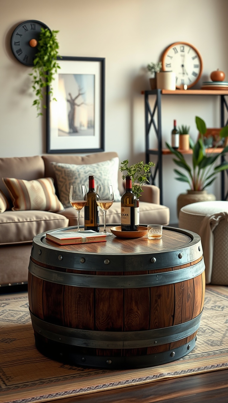 Brew-tifully Rustic: 25 Ideas and Inspirations for Your Dream Coffee Bar Setup - 12. Upcycled Wine Barrel Coffee Table