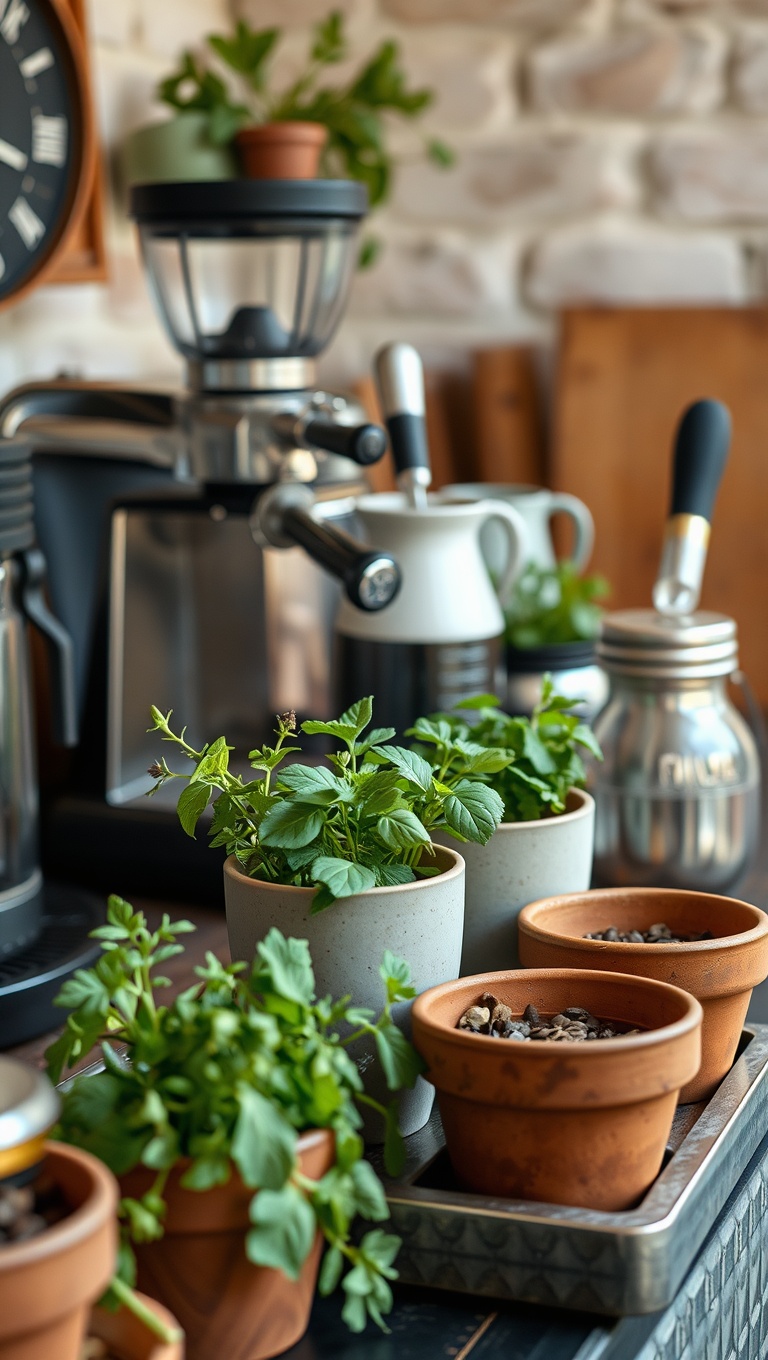 Brew-tifully Rustic: 25 Ideas and Inspirations for Your Dream Coffee Bar Setup - 10. Potted Herbs for Freshness