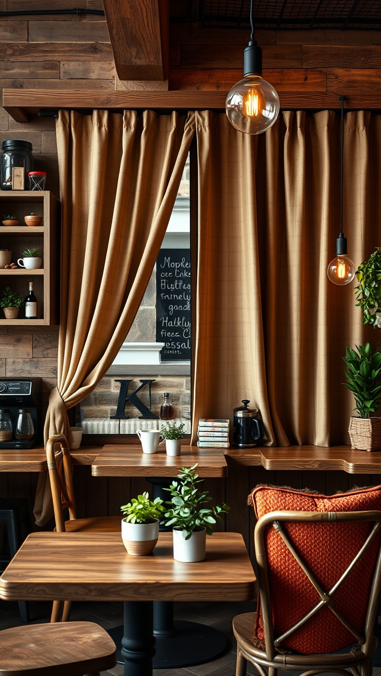Brew-tifully Rustic: 25 Ideas and Inspirations for Your Dream Coffee Bar Setup - 20. Rustic Curtains for a Cozy Vibe