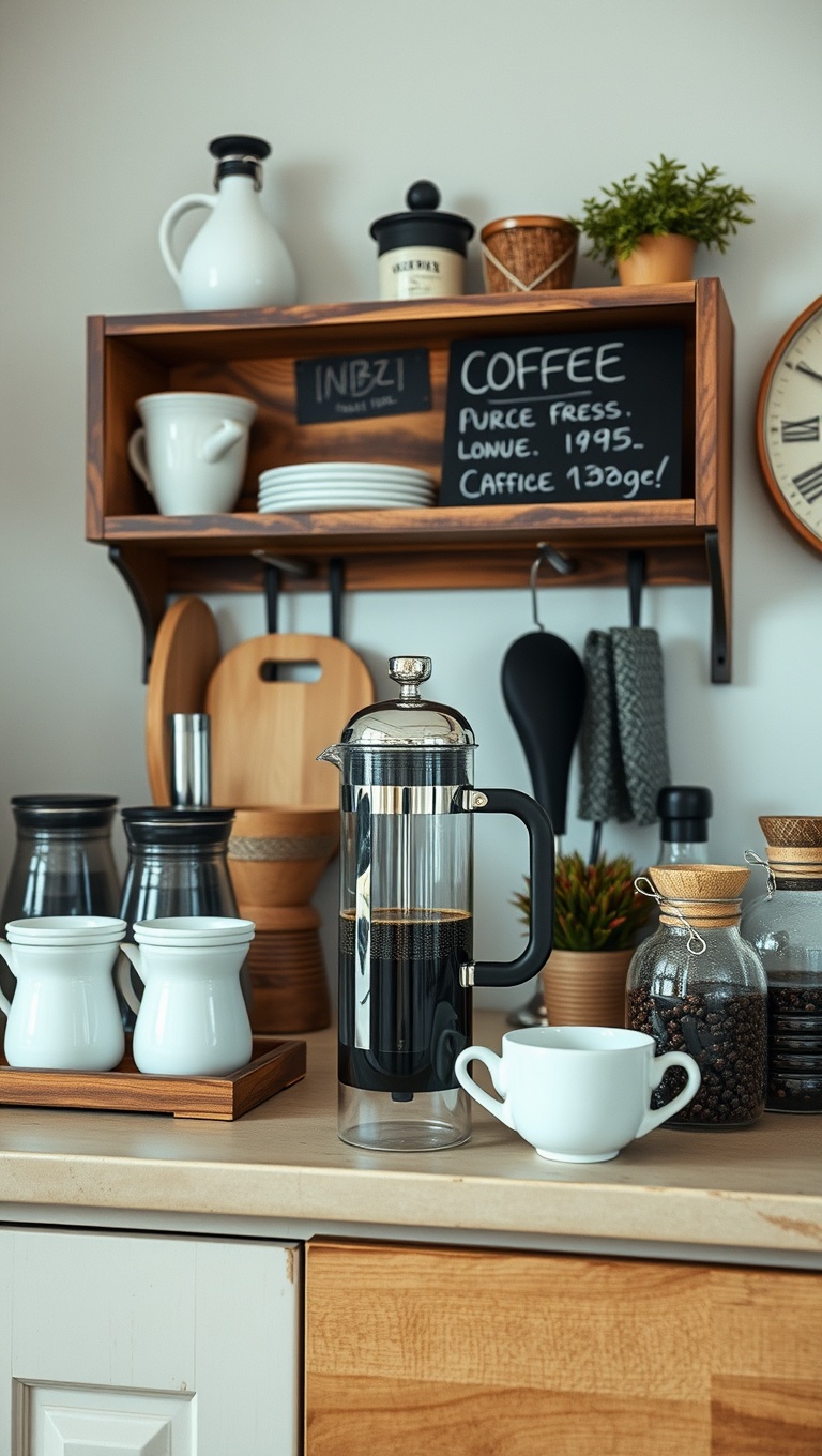 Brew-tifully Rustic: 25 Ideas and Inspirations for Your Dream Coffee Bar Setup - 21. A Beautiful French Press Display