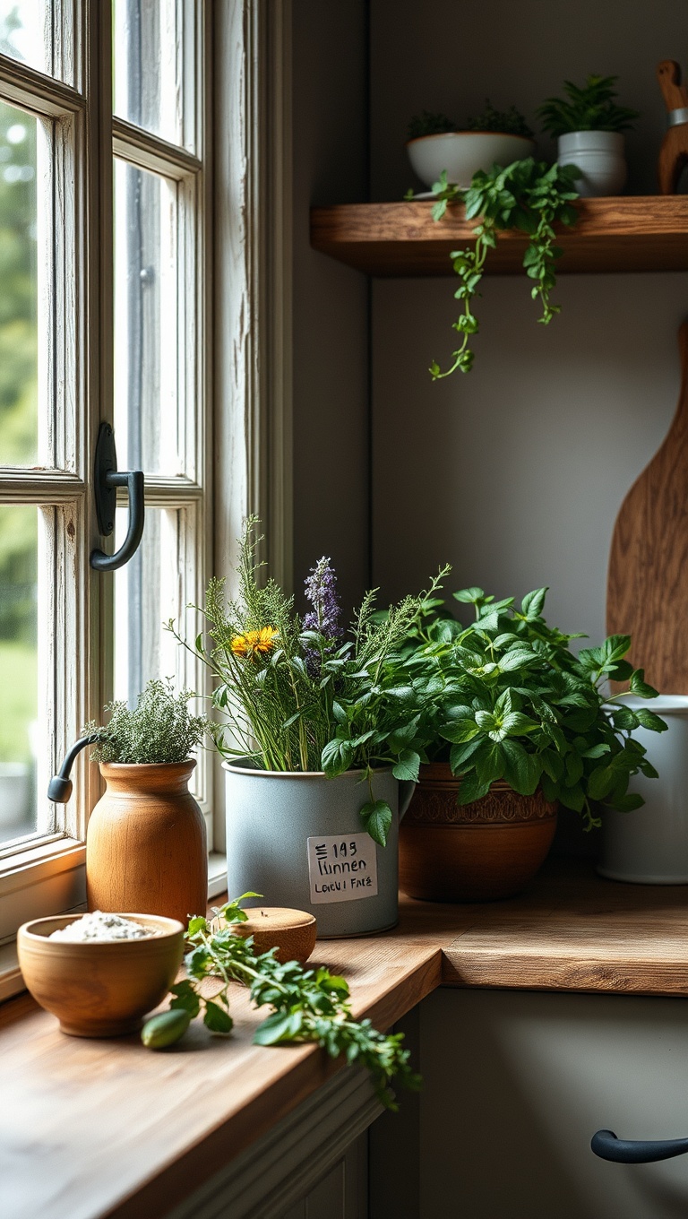 25 Adorable Rustic Farmhouse Baking Corner Inspirations You’ll Love! - 14. Fresh Herb Garden on the Window Sill