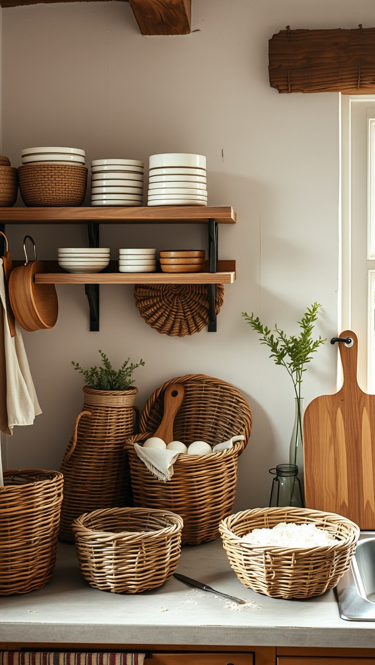 25 Adorable Rustic Farmhouse Baking Corner Inspirations You’ll Love! - 11. Woven Baskets for Ingredient Storage