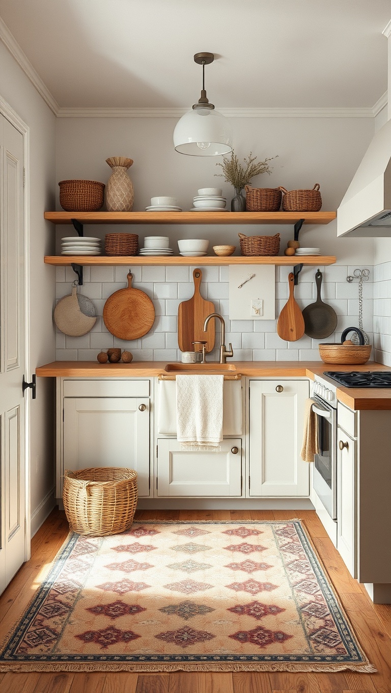 25 Adorable Rustic Farmhouse Baking Corner Inspirations You’ll Love! - 16. A Fun, Patterned Rugs Underfoot