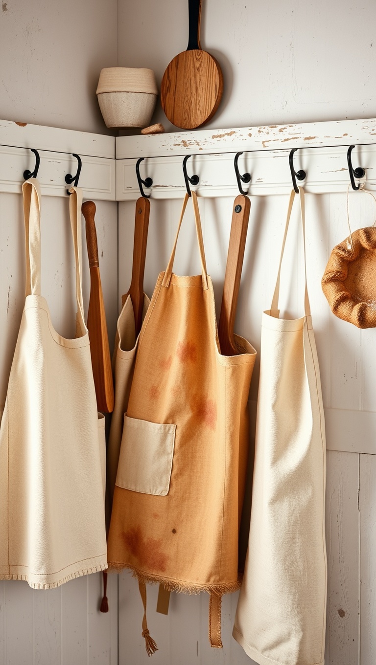 25 Adorable Rustic Farmhouse Baking Corner Inspirations You’ll Love! - 12. Adorable Baking Aprons on Hooks