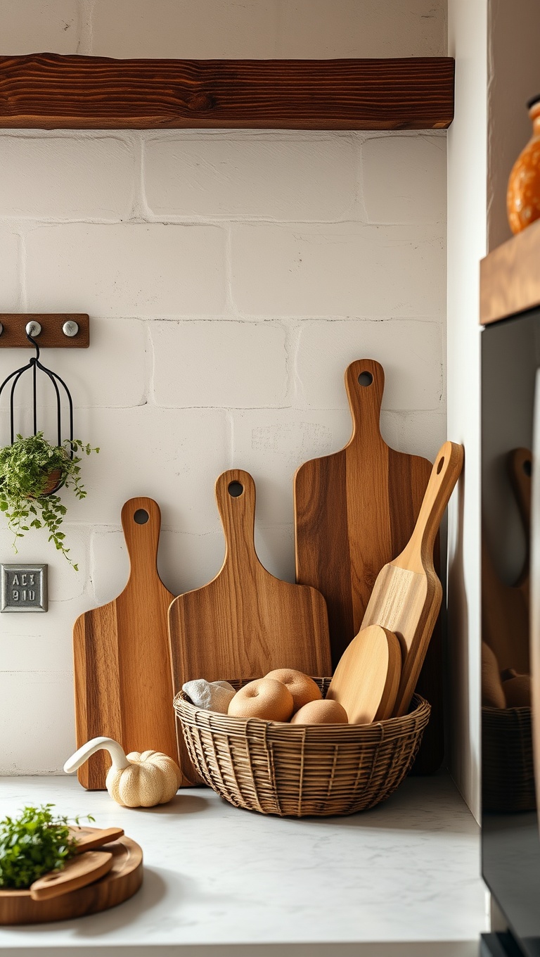 25 Adorable Rustic Farmhouse Baking Corner Inspirations You’ll Love! - 15. Rustic Cutting Boards as Decor
