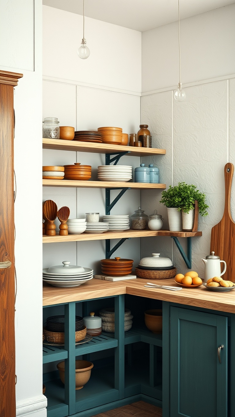 25 Adorable Rustic Farmhouse Baking Corner Inspirations You’ll Love! - 1. Vintage-Inspired Open Shelving