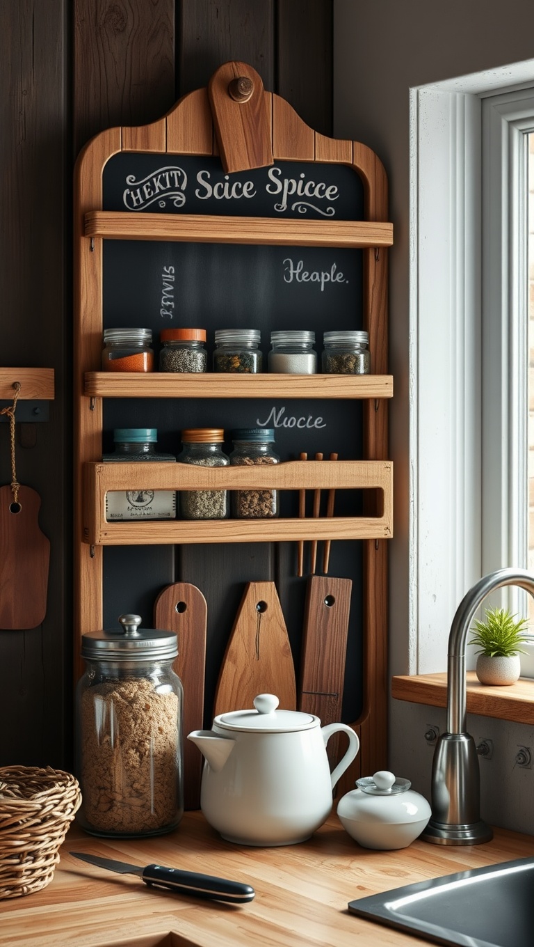 25 Adorable Rustic Farmhouse Baking Corner Inspirations You’ll Love! - 7. Whimsical Chalkboard Spice Rack