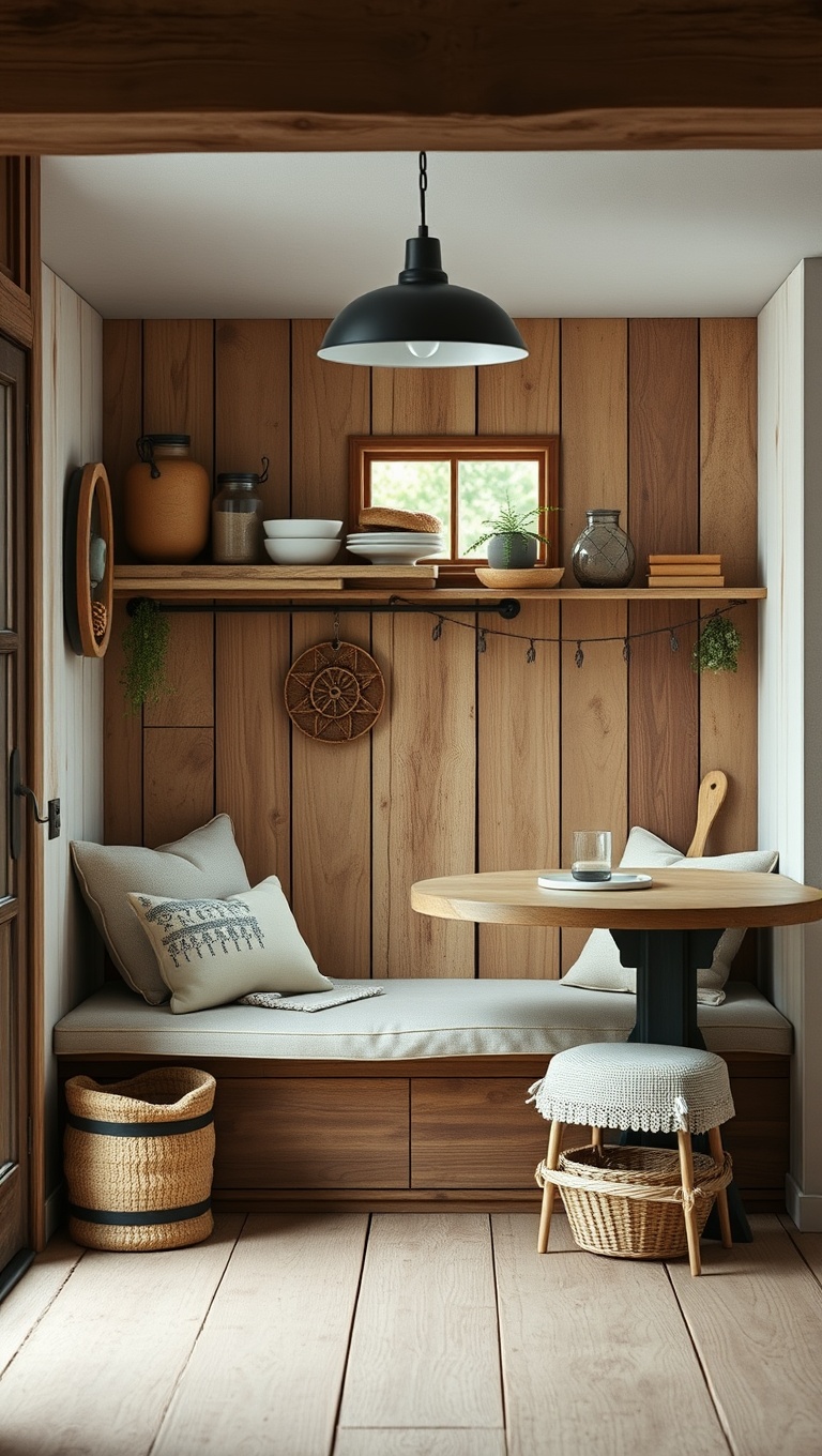 25 Adorable Rustic Farmhouse Baking Corner Inspirations You’ll Love! - 4. Cozy Nook with Cushioned Bench