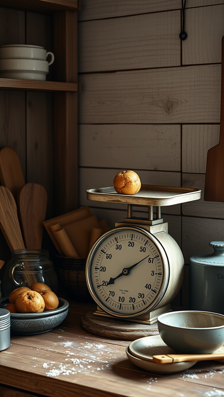 25 Adorable Rustic Farmhouse Baking Corner Inspirations You’ll Love! - 17. Vintage Scale for Decoration