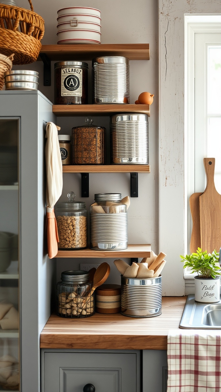 25 Adorable Rustic Farmhouse Baking Corner Inspirations You’ll Love! - 6. Quaint Tin Can Organizers