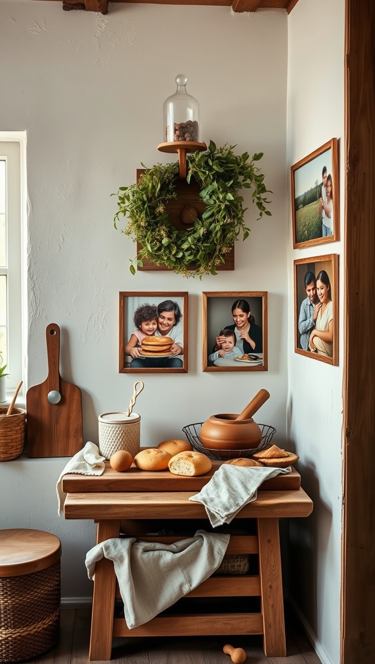25 Adorable Rustic Farmhouse Baking Corner Inspirations You’ll Love! - 24. Heartwarming Family Photos on the Walls