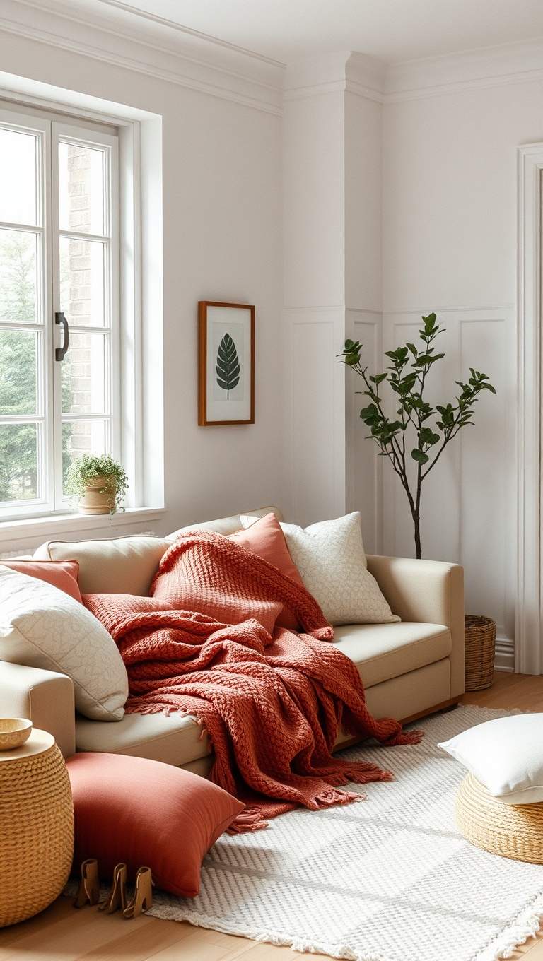 25 Cozy Scandinavian Minimalist Ideas to Transform Your Space - 2. Layer Textures with Throws and Cushions