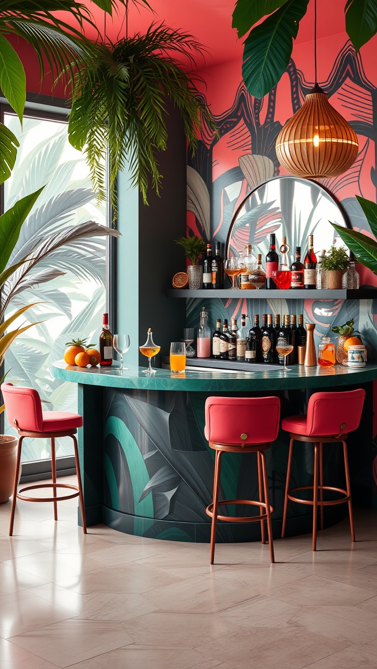 25 Chic Ideas for Your Stylish At-Home Cocktail Bar - 4. Tropical Vibes with Bold Colors
