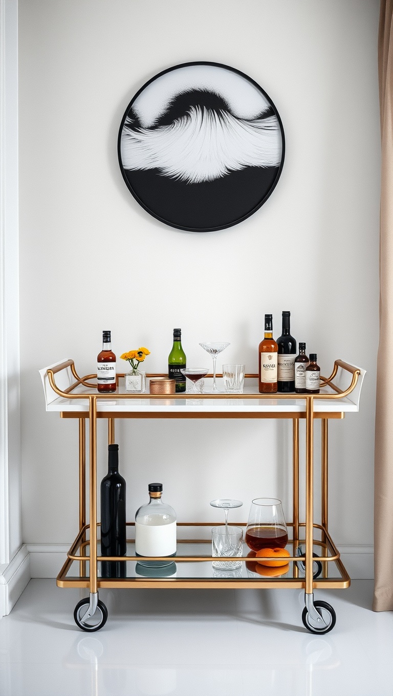 25 Chic Ideas for Your Stylish At-Home Cocktail Bar - 2. Minimalist Modern: The Sleek Bar Cart