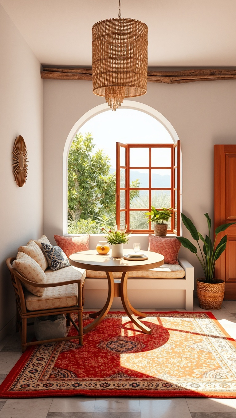 25 Bright and Cheery Ideas for Your Mediterranean Breakfast Nook - 17. Include a Large, Brightly Colored Rug
