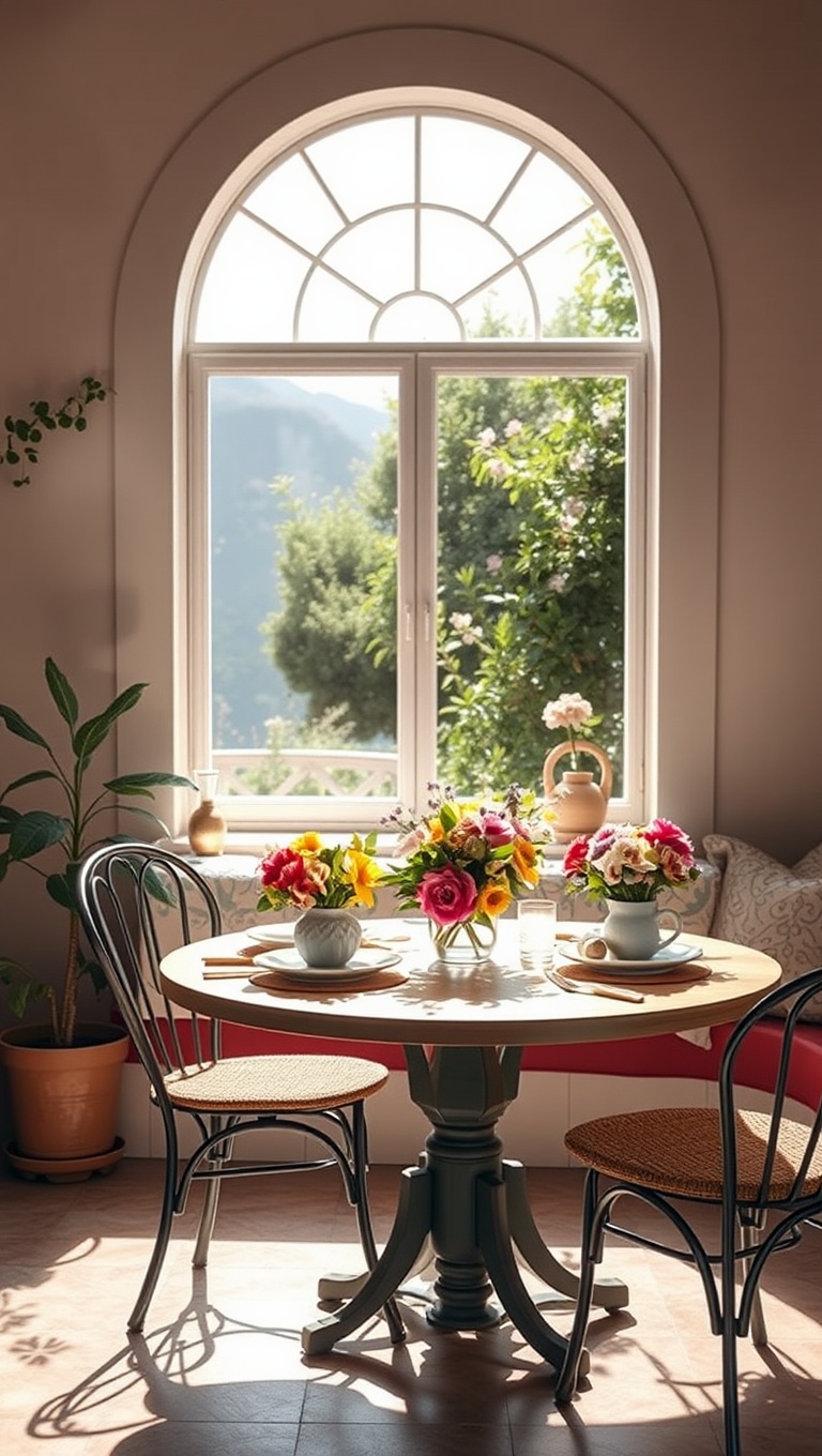 25 Bright and Cheery Ideas for Your Mediterranean Breakfast Nook - Finish with Fresh Flowers on the Table