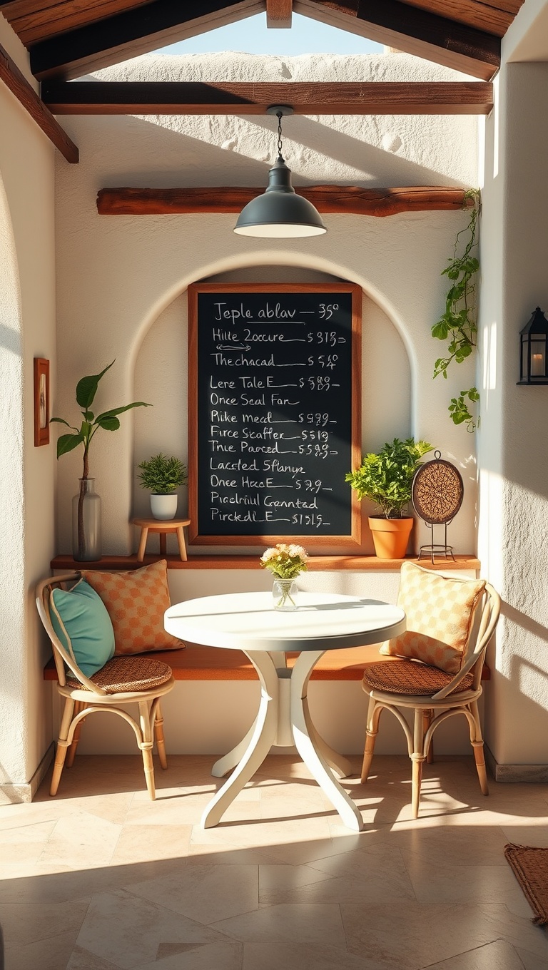 25 Bright and Cheery Ideas for Your Mediterranean Breakfast Nook - 24. Add a Fun Chalkboard for Menu Ideas