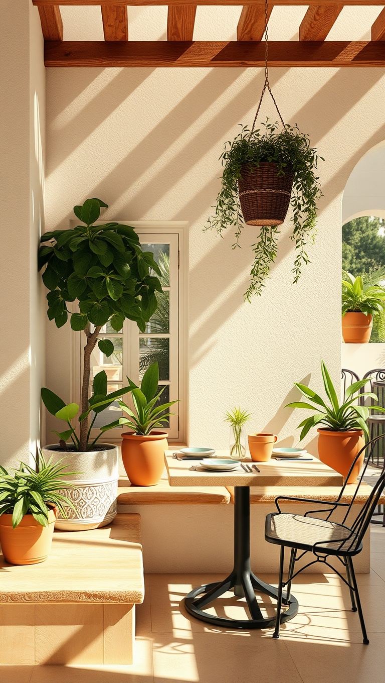 25 Bright and Cheery Ideas for Your Mediterranean Breakfast Nook - 15. Add Potted Plants for Freshness
