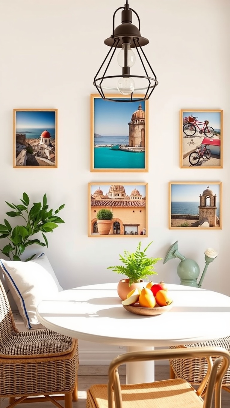 25 Bright and Cheery Ideas for Your Mediterranean Breakfast Nook - 16. Design a Gallery Wall of Travel Photos