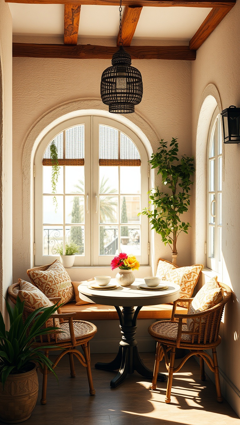 25 Bright and Cheery Ideas for Your Mediterranean Breakfast Nook - 3. Use Woven Textures for Comfort