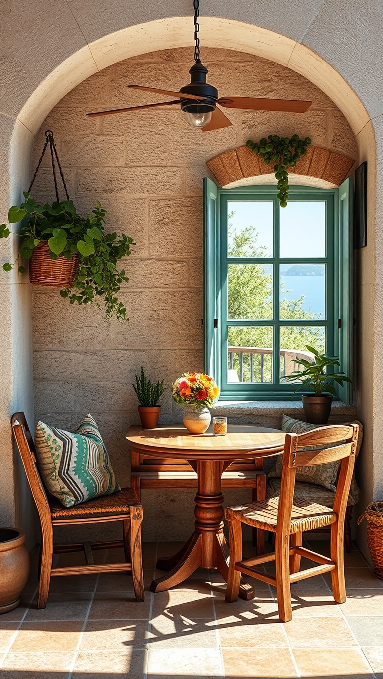 25 Bright and Cheery Ideas for Your Mediterranean Breakfast Nook - 4. Incorporate Rustic Wooden Furniture