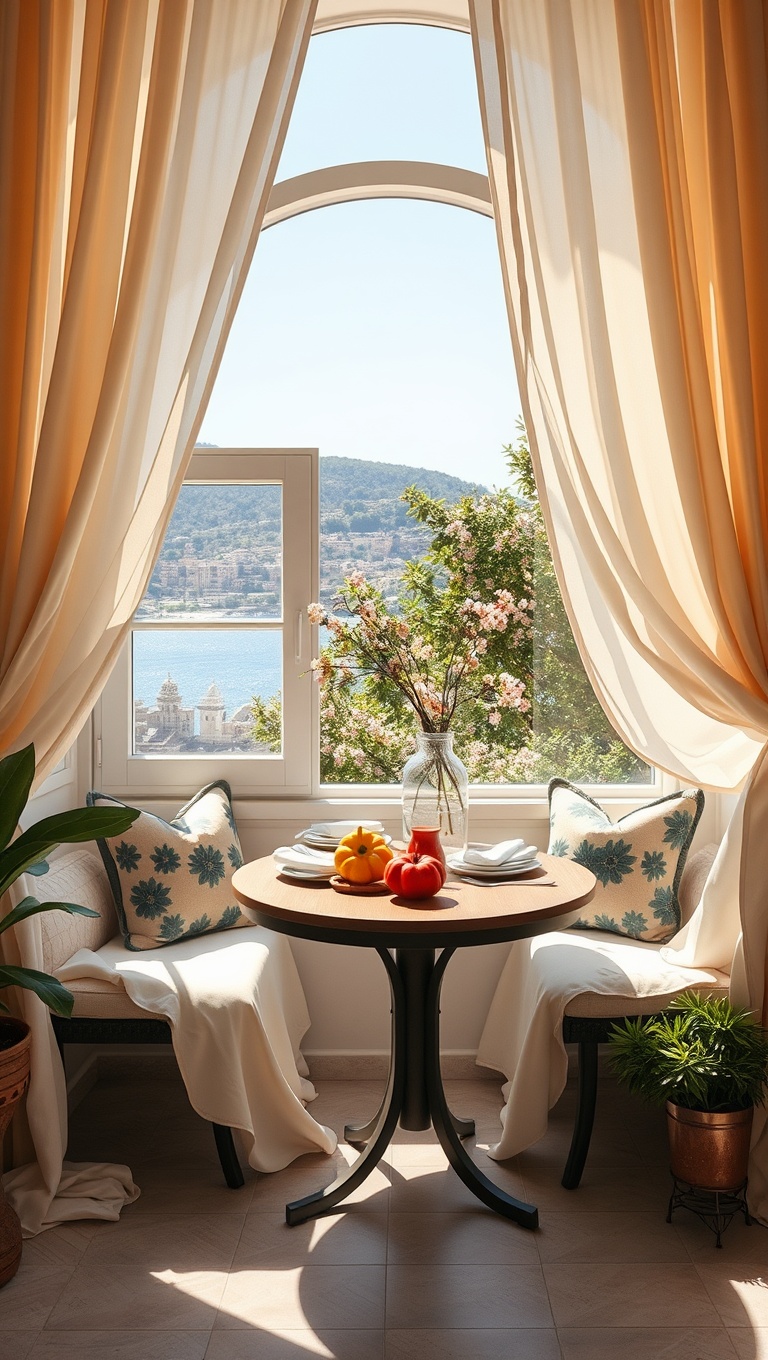 25 Bright and Cheery Ideas for Your Mediterranean Breakfast Nook - 10. Opt for Flowing Fabrics and Curtains