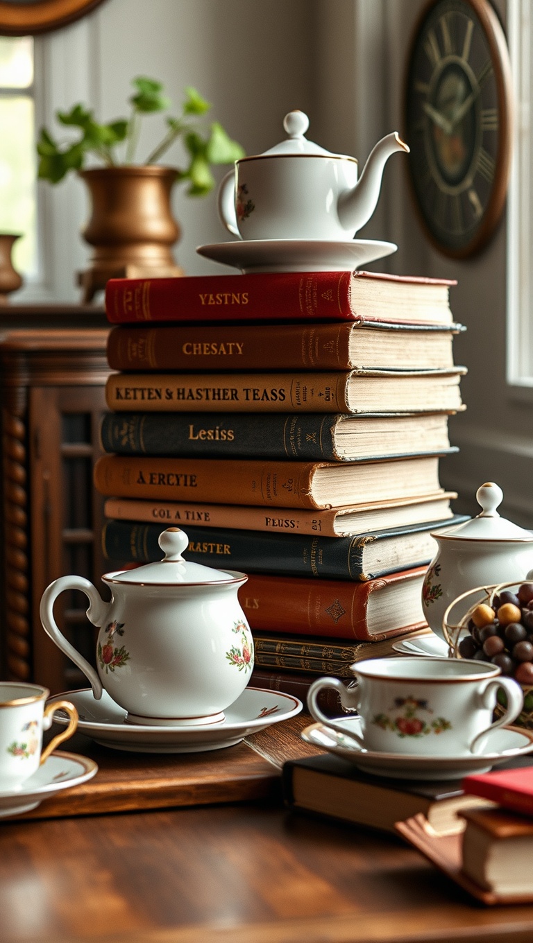 25 Charming Vintage Tea Station Ideas to Delight Your Guests - 7. Old Books Stacked for Height and Interest