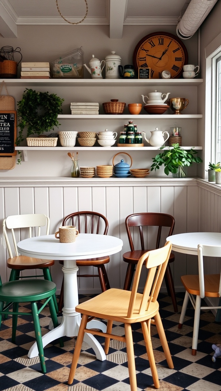 25 Charming Vintage Tea Station Ideas to Delight Your Guests - 19. Mismatched Chairs for a Laid-Back Vibe
