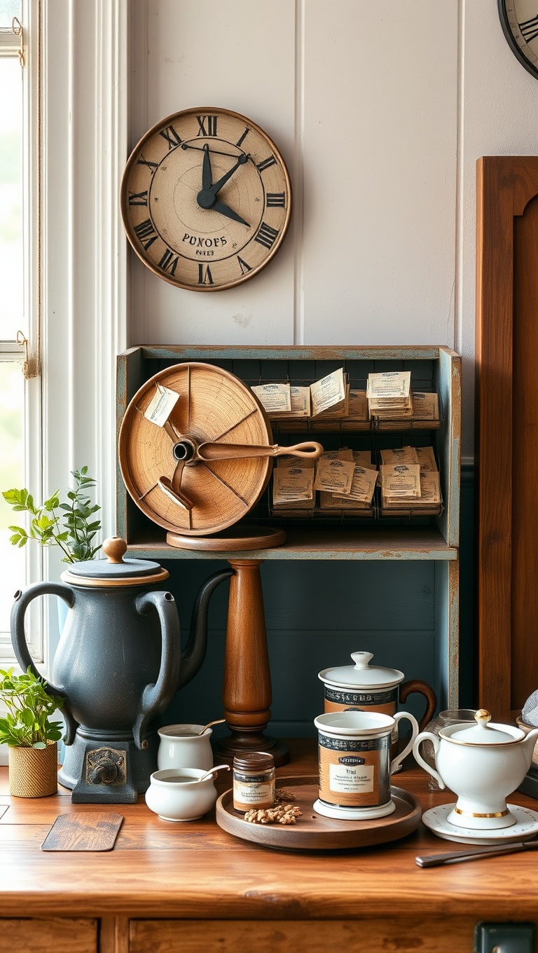 25 Charming Vintage Tea Station Ideas to Delight Your Guests - 22. Upcycled Spools for Displaying Tea Bags