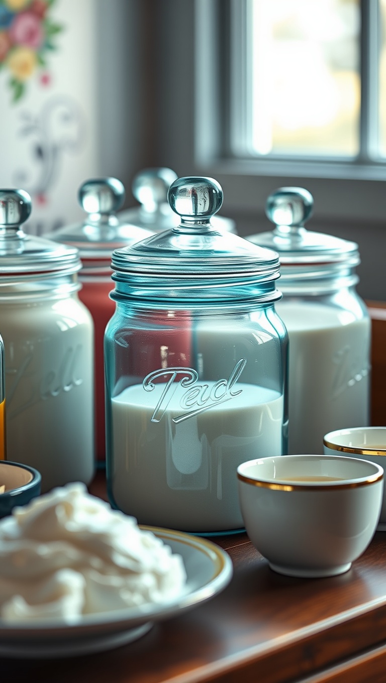 25 Charming Vintage Tea Station Ideas to Delight Your Guests - 10. Colorful Mason Jars for Sugar and Cream