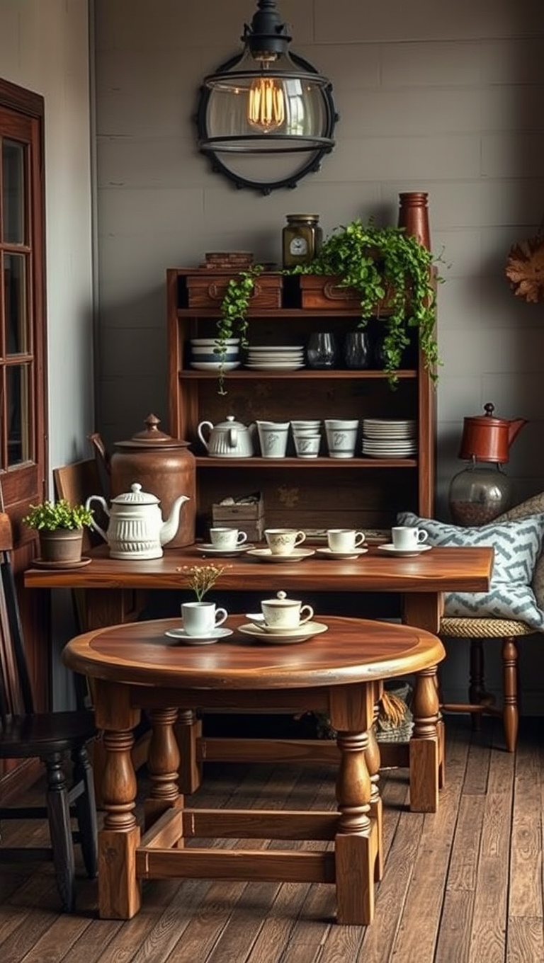 25 Charming Vintage Tea Station Ideas to Delight Your Guests - 3. Rustic Wooden Tables: Perfect for a Cozy Setup