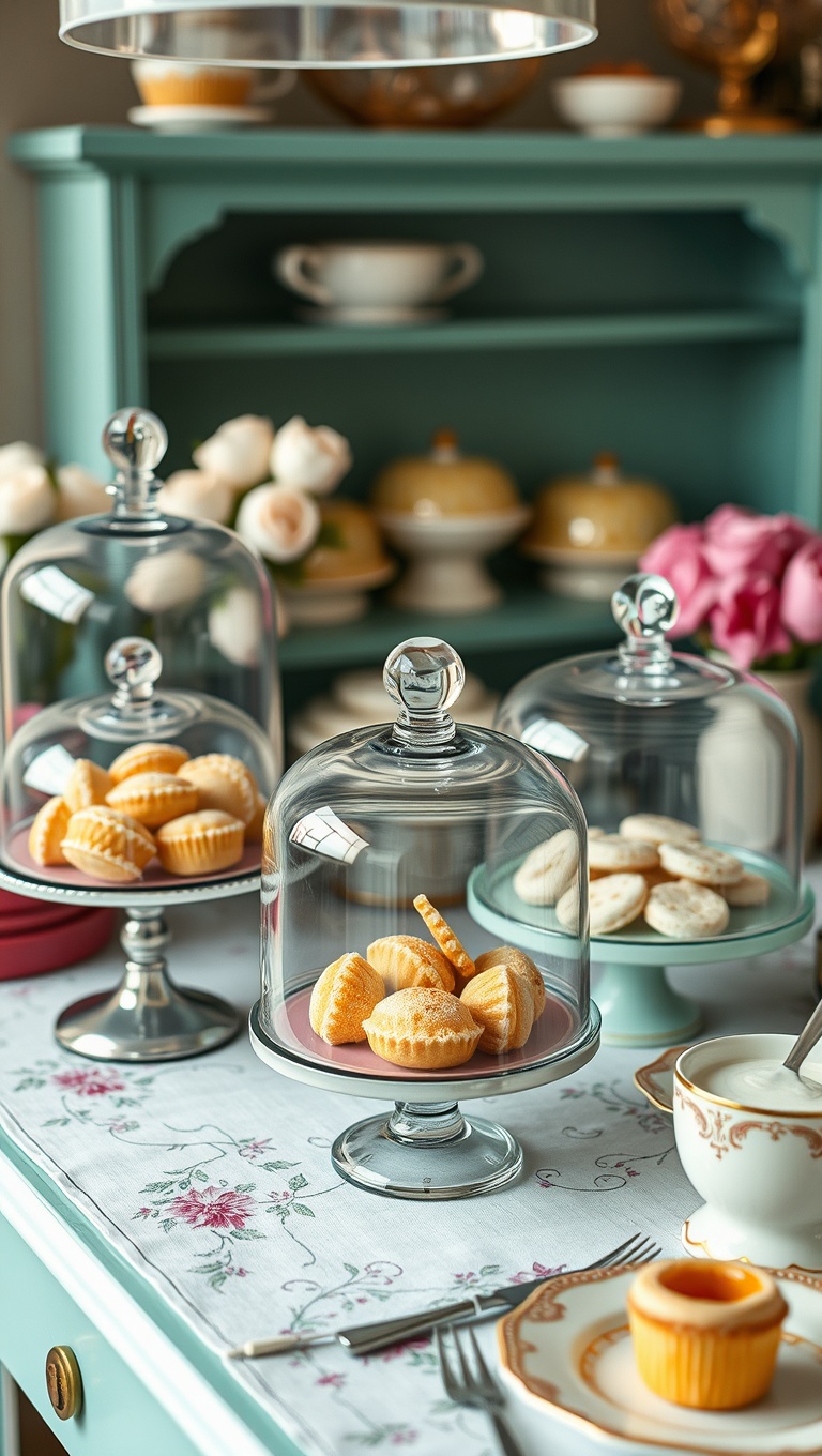 25 Charming Vintage Tea Station Ideas to Delight Your Guests - 16. Vintage Glass Domes to Showcase Delicacies