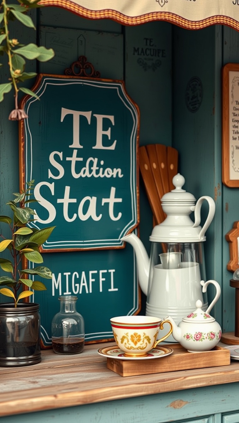 25 Charming Vintage Tea Station Ideas to Delight Your Guests - 25. A Tea Station Sign: Make It Official!