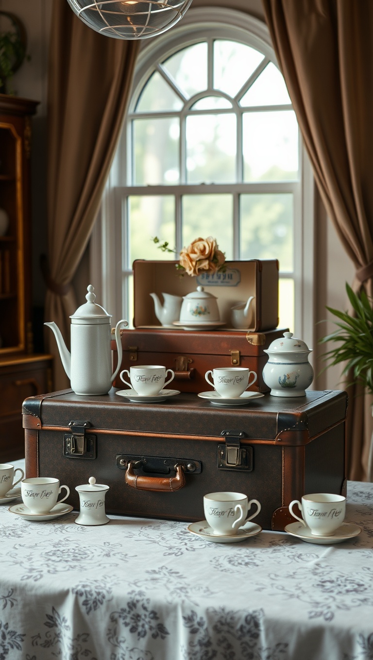25 Charming Vintage Tea Station Ideas to Delight Your Guests - 6. Vintage Suitcases as Table Displays