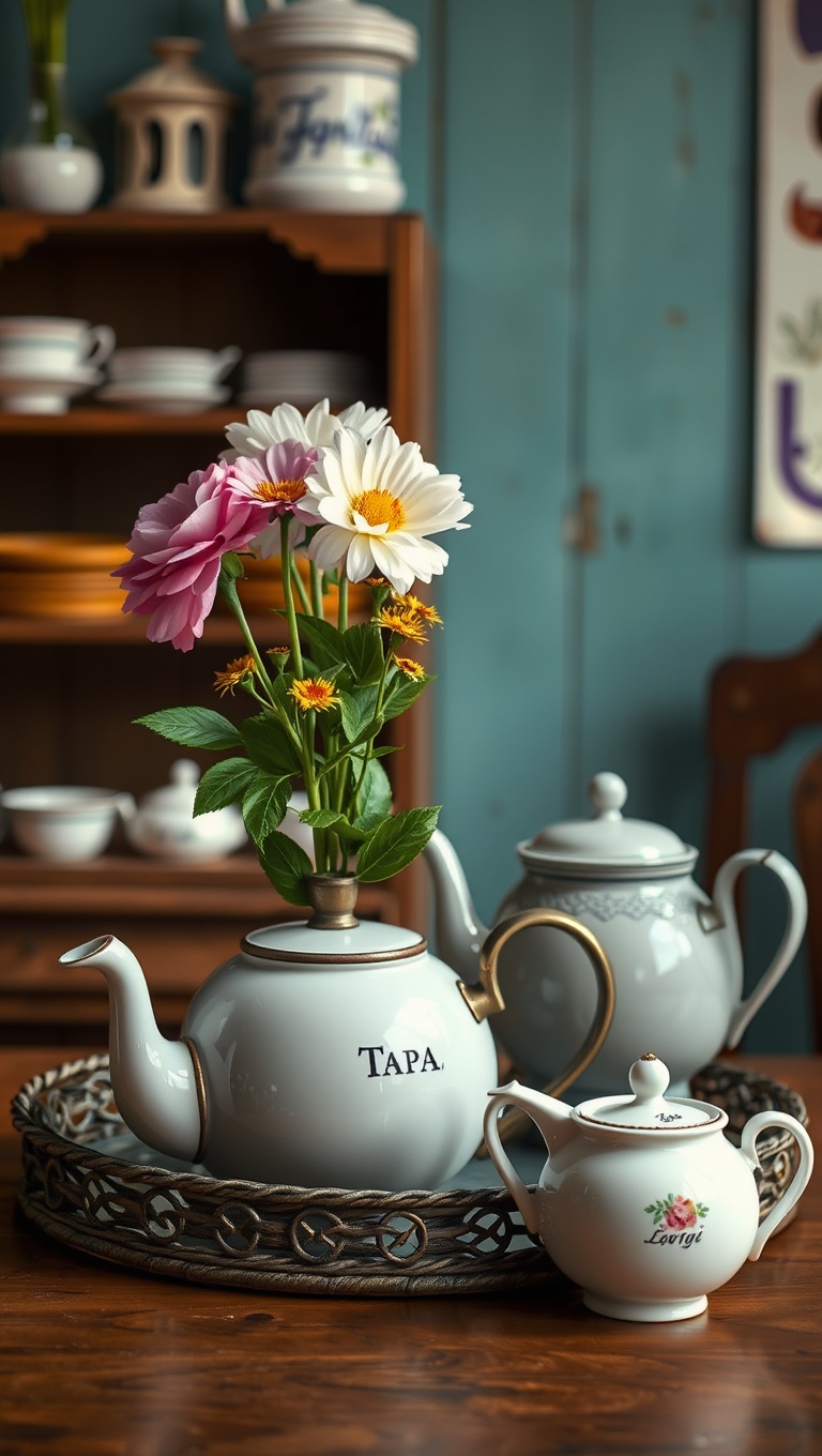 25 Charming Vintage Tea Station Ideas to Delight Your Guests - 12. Upcycled Teapots as Flower Vases