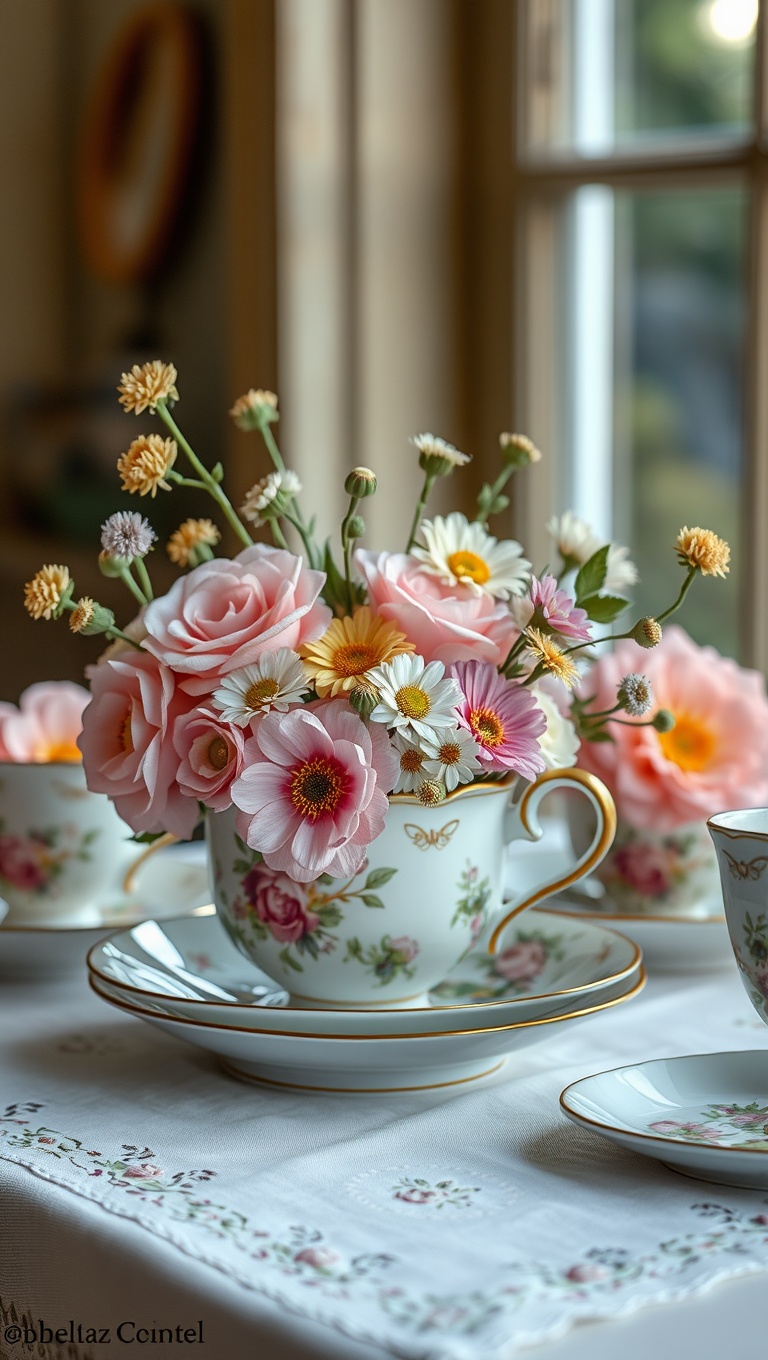 25 Charming Vintage Tea Station Ideas to Delight Your Guests - 23. Floral Arrangements in Vintage Teacups