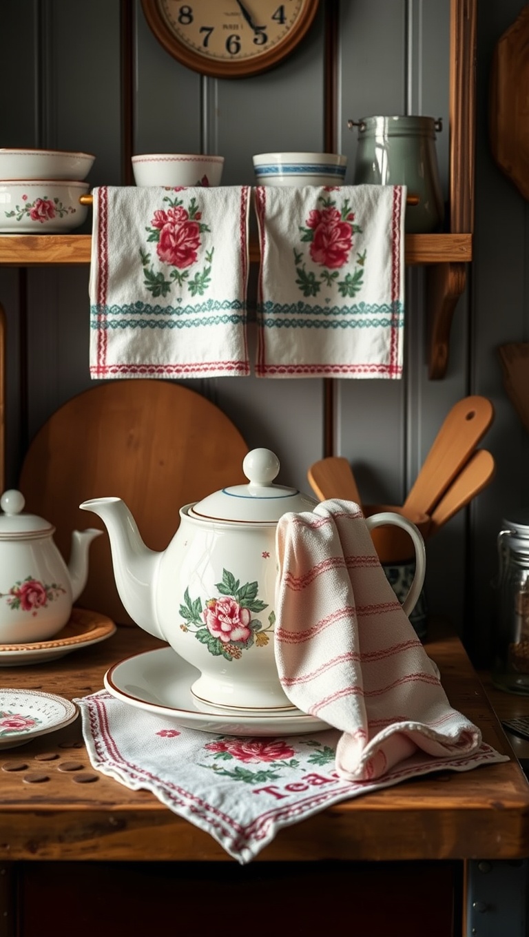 25 Charming Vintage Tea Station Ideas to Delight Your Guests - 4. Vintage Tea Towels: Functional and Fun