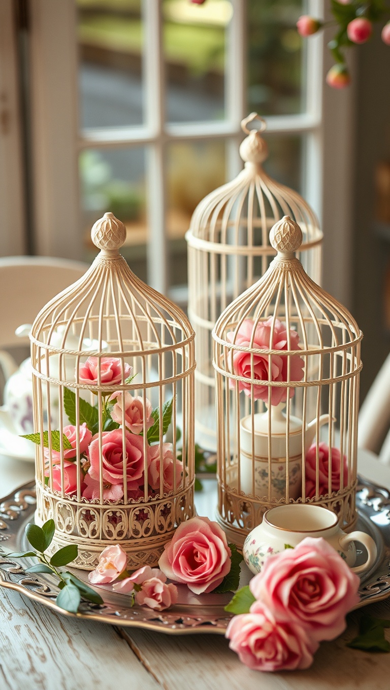 25 Charming Vintage Tea Station Ideas to Delight Your Guests - 17. Decorative Birdcages for a Playful Element