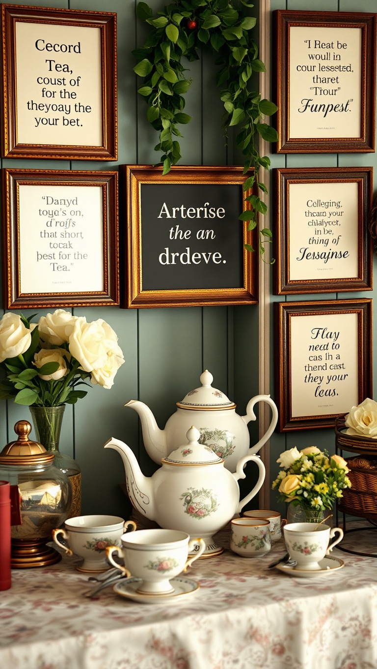 25 Charming Vintage Tea Station Ideas to Delight Your Guests - 13. Framed Tea Quotes: Inspire Your Guests