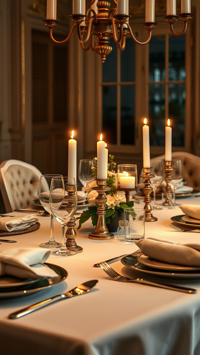 25 Cozy Candlelit Dinner Table Settings to Spark Romance - Classic Elegance: White Tablecloth and Gold Candle Holders