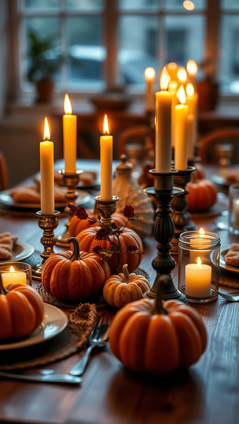 25 Cozy Candlelit Dinner Table Settings to Spark Romance - Autumn Warmth: Pumpkins and Earthy Colors