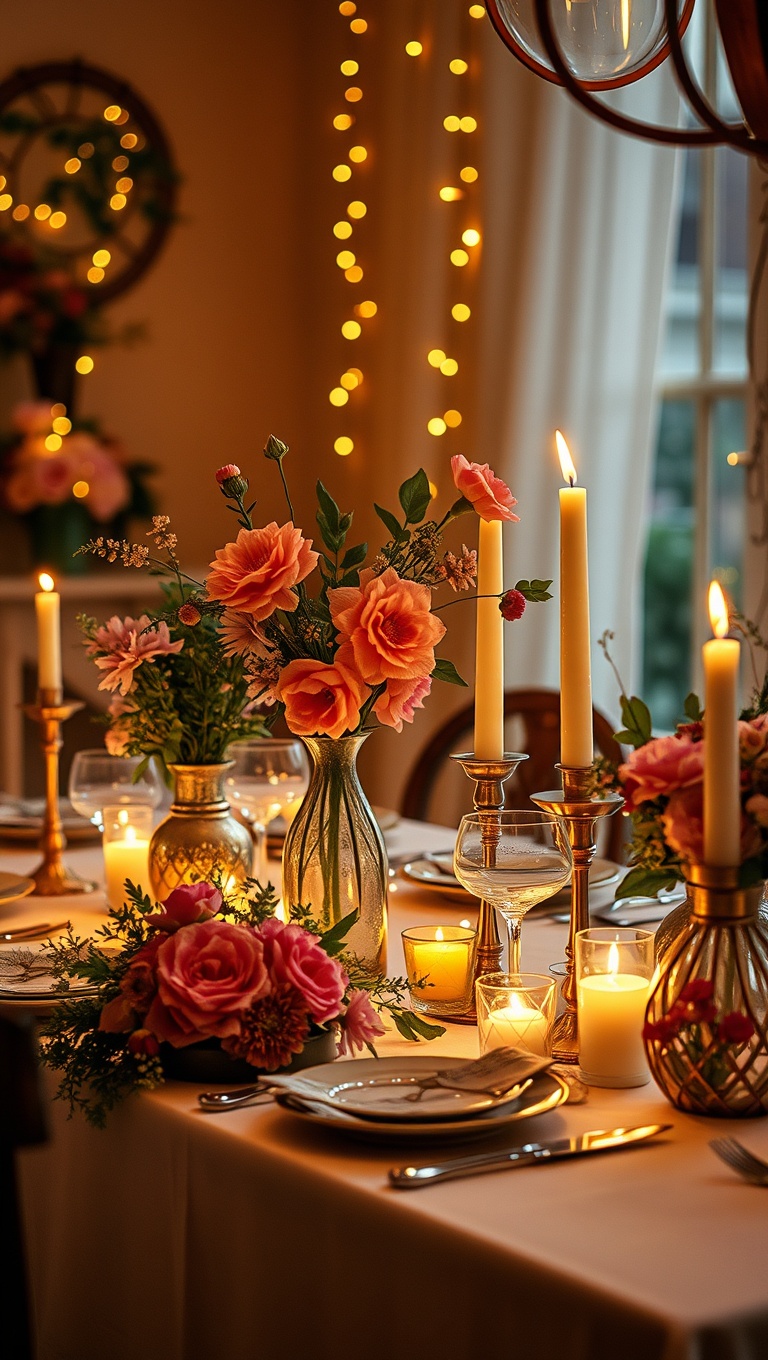 25 Cozy Candlelit Dinner Table Settings to Spark Romance - Garden Glam: Fresh Flowers and Twinkling Fairy Lights