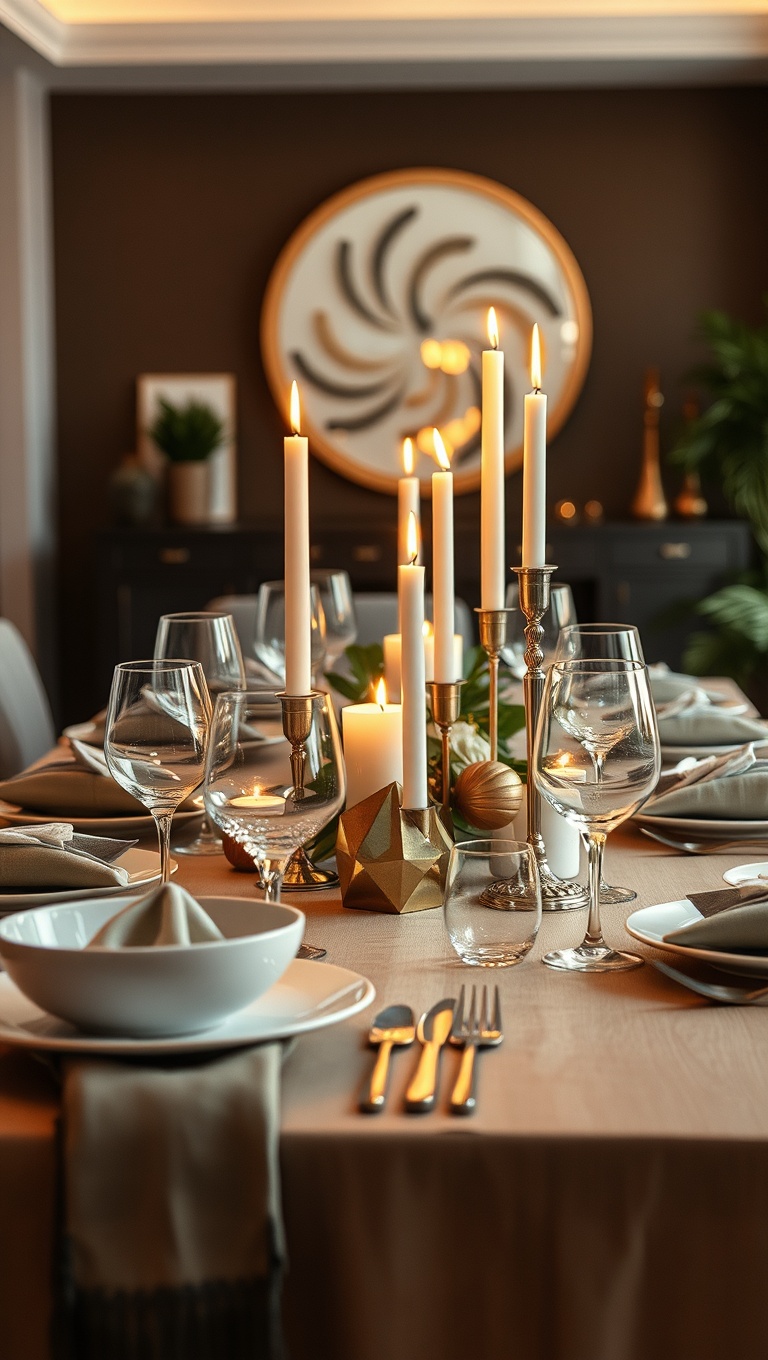 25 Cozy Candlelit Dinner Table Settings to Spark Romance - Modern Chic: Geometric Shapes and Metallics
