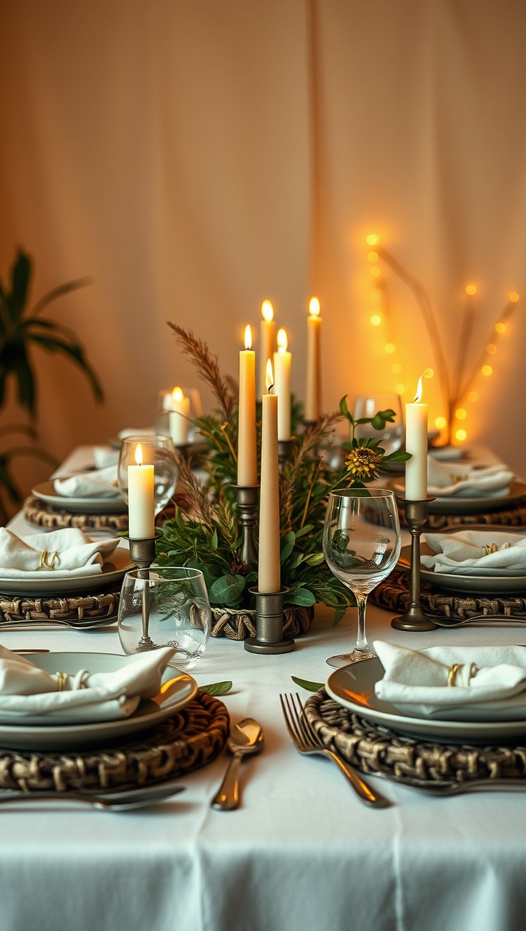 25 Cozy Candlelit Dinner Table Settings to Spark Romance - Nature Inspired: Live Plants and Earthy Tones