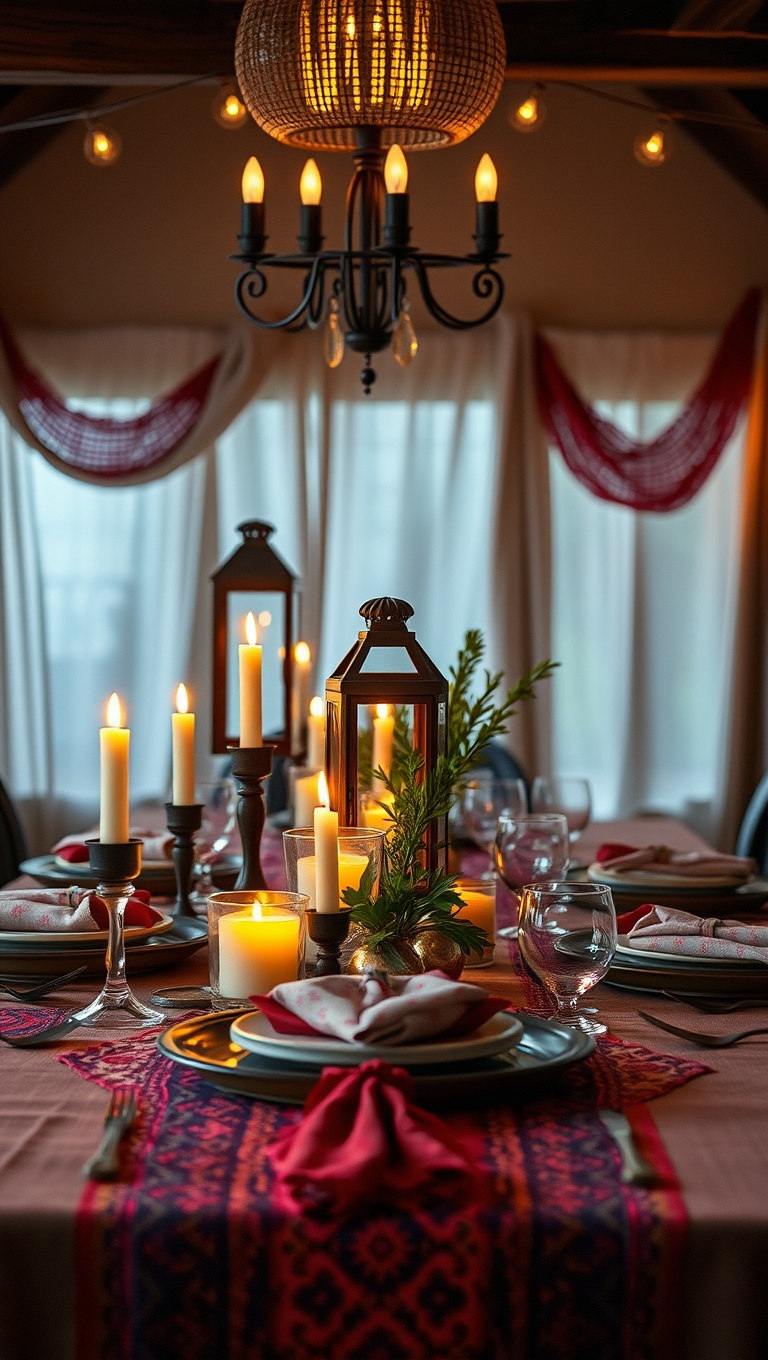 25 Cozy Candlelit Dinner Table Settings to Spark Romance - Boho Beauty: Colorful Textiles and Lanterns