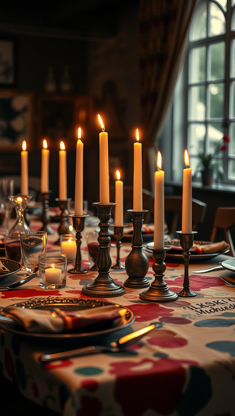 25 Cozy Candlelit Dinner Table Settings to Spark Romance - Artistic Flair: Paint-Stained Tablecloths and Unique Holders