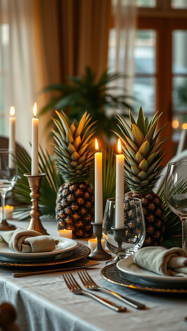 25 Cozy Candlelit Dinner Table Settings to Spark Romance - Tropical Escape: Pineapples and Palm Leaves
