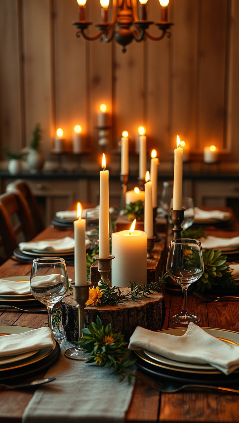 25 Cozy Candlelit Dinner Table Settings to Spark Romance - Rustic Romance: Wooden Accents and Flickering Candles
