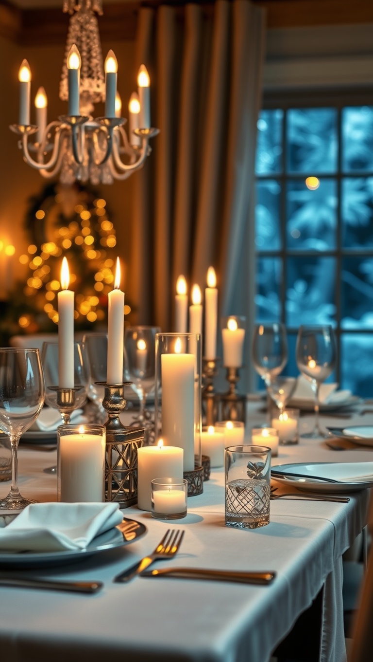 25 Cozy Candlelit Dinner Table Settings to Spark Romance - Winter Wonderland: Snowflakes and Silver Accents